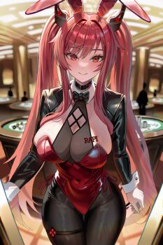 1girl absurdres alternate_hairstyle animal_ear_hairband animal_ears black_bow black_bowtie black_choker black_pantyhose black_shrug blush bow bowtie breasts casino casino_card_table choker cleavage closed_mouth commentary covered_navel cowboy_shot detached_collar elker fake_animal_ears goddess_of_victory:_nikke hair_between_eyes hairband highleg highleg_leotard highres indoors large_breasts leotard long_hair looking_at_viewer official_alternate_hair_color pantyhose playboy_bunny rabbit_ear_hairband rabbit_ears rapi_(nikke) rapi_(red_hood)_(nikke) red_eyes red_hair red_leotard shrug_(clothing) sidelocks smile solo standing strapless strapless_leotard table thigh_strap traditional_bowtie very_long_hair white_wrist_cuffs wrist_cuffs