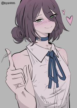 1girl bare_shoulders blue_archive blue_choker blue_ribbon blush brown_hair chainsaw_man choker collarbone collared_shirt eyes_visible_through_hair green_eyes grenade_pin grey_background hair_bun hair_over_one_eye half-closed_eyes hand_up heart highres layer_(layer_illust) medium_hair reze_(chainsaw_man) ribbon shirt sleeveless sleeveless_shirt smile solo upper_body white_shirt