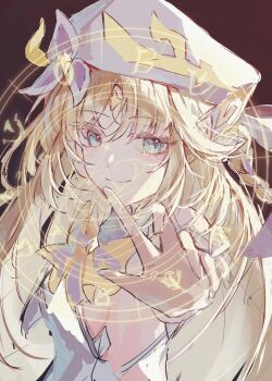 1girl beret blonde_hair blue_eyes breasts dark_background dress facial_mark forehead_mark fuyu_gn genshin_impact hand_up hat long_hair nicole_reeyn sideboob simple_background sketch smile solo upper_body white_dress white_hat