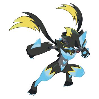 animal_nose artist_request black_fur blue_claws blue_eyes blue_fur body_fur cat claws fangs gen_7_pokemon horns legendary_pokemon mega_pokemon mega_zeraora mythical_pokemon nintendo official_art open_mouth pokemon pokemon_(creature) pokemon_focus pokemon_legends:_z-a second-party_source single_horn spikes transparent_background two-tone_fur v-shaped_eyes whiskers yellow_trim zeraora