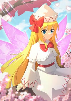 Rule 34 | 1girl, absurdres, blonde hair, blue sky, blush, bow, bowtie, capelet, cherry blossoms, chinese commentary, closed mouth, commentary request, day, dress, fairy, fairy wings, falling petals, flower, hat, hat bow, highres, lily white, long hair, long sleeves, looking at viewer, outdoors, petals, pink flower, pink petals, pink wings, red bow, red bowtie, sdftehn, sitting, sitting on branch, sky, smile, solo, touhou, very long hair, white capelet, white dress, white hat, wide sleeves, wings