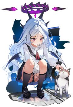1girl :3 absurdres ahoge alternate_costume ass ayu_(user_xkhp7843) between_legs black_halo black_horns black_panties black_shoes black_skirt black_socks black_wings blue_archive blush calico_(pattern) calico_cat cameltoe cat closed_mouth demon_girl demon_horns demon_wings dot_nose halo hand_between_legs highres hina_(blue_archive) horns kneehighs knees_up light_blush loafers loli long_hair long_sleeves multiple_horns panties petting pleated_skirt purple_eyes purple_halo reflection reflective_water shoes skirt sleeves_past_wrists smile socks solo squatting sweater tail tail_wrap thighs underwear very_long_hair white_hair white_sweater wings