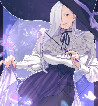 1girl absurdres bare_shoulders black_hat black_skirt blue_lips blush breasts commentary_request elbow_gloves eyeliner fate/grand_order fate_(series) frilled_shirt frills gloves grin hair_over_one_eye hat high-waist_skirt highres hiyayaako large_breasts long_hair long_sleeves looking_at_viewer makeup mrs._snake_(fate) off_shoulder puffy_sleeves shirt skirt smile solo wand white_hair white_shirt witch_hat yellow_eyes