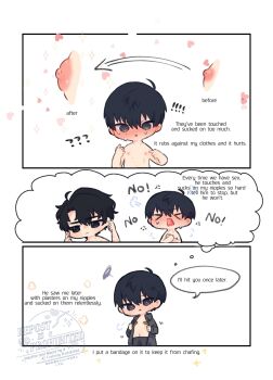 &gt;_&lt; 2boys ahoge bandaid bandaids_on_nipples black_eyes black_hair black_shirt blush chibi chibi_only close-up collared_shirt curtained_hair english_text hair_between_eyes highres kim_dokja kimidori_22 male_focus multiple_boys nipples no_shirt omniscient_reader&#039;s_viewpoint open_clothes open_shirt pasties shirt short_hair sweatdrop tears upper_body yoo_joonghyuk