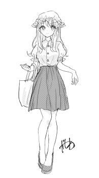 1girl absurdres bag blonde_hair breasts buttons closed_mouth greyscale hat high_heels highres holding holding_bag kashiwada_kiiho long_hair looking_to_the_side maribel_hearn mob_cap monochrome shirt short_sleeves skirt smile solo touhou walking