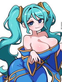 1girl aqua_hair artist_name bags_under_eyes blue_eyes breasts cleavage commentary dress ghost_pose ji_heeeeeee korean_commentary large_breasts league_of_legends light_smile long_hair looking_at_viewer off-shoulder_dress off_shoulder simple_background solo sona_(league_of_legends) twintails twitter_username white_background