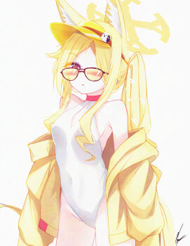 1girl absurdres animal_ears bare_shoulders bird blonde_hair blue_archive breasts collarbone commentary_request covered_navel forehead fox_ears fox_girl halo highres jacket long_hair looking_at_viewer noger_(hibiki2542) official_alternate_costume official_alternate_hairstyle one-piece_swimsuit open_mouth pink_eyes seia_(blue_archive) seia_(swimsuit)_(blue_archive) simple_background sleeves_past_fingers sleeves_past_wrists small_breasts solo sunglasses swimsuit very_long_hair visor_cap white_background white_one-piece_swimsuit yellow_halo yellow_jacket