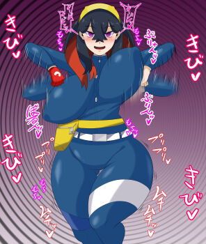 1girl @_@ absurdres alternate_breast_size alternate_eye_color black_hair blueberry_academy_school_uniform bouncing_breasts breasts carmine_(pokemon) clenched_hands collared_jacket colored_inner_hair crossed_bangs curvy dancing empty_eyes expressionless eyebrows eyelashes female_focus hair_between_eyes hairband heart highres hypnosis jacket keinoyounamono large_breasts long_hair long_sleeves looking_at_viewer mind_control mochi_mochi_dance mole mole_under_eye motion_lines multicolored_hair nintendo pokemon pokemon_sv purple_eyes school_uniform shaded_face shiny_clothes sidelocks simple_background smile standing translation_request unaligned_breasts wavy_background wide_hips yellow_hairband