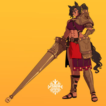 1girl 2025 abs animal_ears armor artist_self-insert belt buckle dark_skin dated faulds frown fsnowzombie greaves hand_on_own_hip highres holding holding_polearm holding_weapon horse_ears horse_girl horse_tail lance long_hair mole mole_under_eye muscular muscular_female orange_background original pauldrons polearm ponytail red_eyes sandals shoulder_armor single_pauldron skirt solo tail tank_top umamusume vambraces weapon