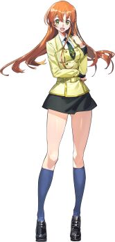 1girl ashford_academy_school_uniform black_skirt blue_socks breasts cloth code_geass code_geass:_genesic_re;code collared_shirt full_body green_necktie hair_between_eyes hand_up happy highres jacket kneehighs layered_sleeves long_hair long_sleeves looking_at_viewer medium_breasts miniskirt necktie official_art open_mouth orange_hair pencil_skirt school_uniform shirley_fenette shirt sidelocks sitting skirt smile socks solo transparent_background white_shirt yellow_eyes yellow_jacket