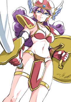 1girl armor asymmetrical_dual_wielding bikini_armor black_sleeves blue_eyes breasts choker cleavage commentary_request curly_hair detached_sleeves dragon_quest dragon_quest_iii dual_wielding from_below gloves gold_choker gold_thighlet helmet highres hip_bones holding holding_shield holding_sword holding_weapon ikaringo_(ikaringo4444) jewelry long_hair looking_at_viewer looking_down medium_breasts midriff navel pauldrons purple_hair red_armor red_gloves red_helmet shield shoulder_armor solo sword thighlet warrior warrior_(dq3) weapon white_background winged_helmet