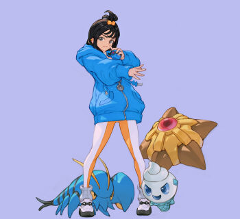 1girl absurdres black_hair blue_hoodie clauncher commentary_request eyelashes focal_(kcreed11) gen_1_pokemon gen_5_pokemon gen_6_pokemon grey_background grey_eyes hair_ornament highres holding holding_poke_ball hood hood_down hoodie leggings lida_(pokemon) long_hair long_sleeves nintendo poke_ball pokemon pokemon_(creature) pokemon_legends:_z-a ribbed_socks shoes simple_background socks standing staryu tassel topknot vanillite white_shoes white_socks zipper zipper_pull_tab