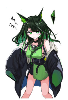 1girl ahoge arknights bare_shoulders black_coat black_hair black_sash blush bone_hiko breasts bright_pupils coat colored_inner_hair commentary_request cowboy_shot crystal emoji green_eyes green_hair highres huge_ahoge looking_at_viewer medium_breasts medium_hair mon3tr_(arknights) multicolored_hair off_shoulder paint_chat_(medium) partial_commentary sash simple_background solo standing v-shaped_eyebrows white_background white_pupils