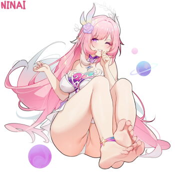 1girl barefoot blush cyrene_(honkai:_star_rail) feet frontal_wedgie highres honkai:_star_rail honkai_(series) long_hair looking_at_viewer ninai one_eye_closed parted_lips pink_hair pointy_ears purple_eyes soles toes wedgie