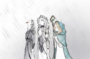 1boy 2girls adam's_apple armor blue_cloak breastplate cassie_(shadow_slave) cloak closed_eyes commentary crown dress english_commentary feet_out_of_frame hair_between_eyes highres holding holding_scepter long_hair meme multiple_girls nephis_(shadow_slave) open_mouth outdoors parody partially_colored rain robe scepter shadow_slave shoulder_armor shoulder_pads sunny_(shadow_slave) sweatdrop tongue tongue_out tunic xiezmy2