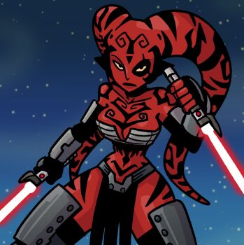 1girl alien armor artist_request bikini_armor black_gloves breasts chest_tattoo cleavage colored_skin curvy darth_talon elbow_gloves energy_sword facial_tattoo fighting_stance gloves gradient_background highres holding holding_sword holding_weapon lekku_(anatomy) lightsaber looking_at_viewer no_humans pelvic_curtain red_eyes red_lightsaber red_skin revealing_clothes serious shoulder_tattoo simple_background star_wars star_wars:_legacy sword tattoo teeth twi&#039;lek weapon wide_hips