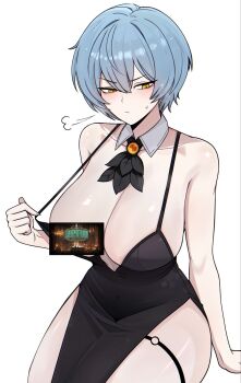 1girl angela_(project_moon) black_dress blue_hair censored dress highres library_of_ruina lobotomy_corporation m_ayonessa o-ring o-ring_thigh_strap official_alternate_hairstyle project_moon short_hair simple_background solo thigh_strap white_background yellow_eyes