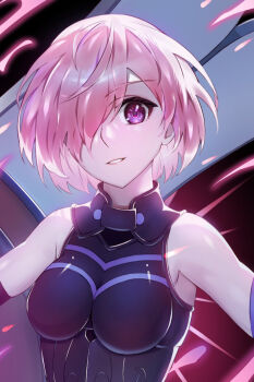 1girl bare_shoulders blush breasts commentary_request elbow_gloves fate/grand_order fate_(series) gloves hair_over_one_eye large_breasts looking_at_viewer mash_kyrielight pink_hair pontaro2 purple_eyes short_hair smile solo