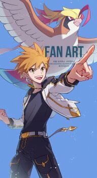 1boy :d absurdres belt belt_buckle black_pants black_shirt blue_oak blue_oak_(arc_suit) buckle clear_sky clenched_hand commentary_request day gen_1_pokemon grey_belt highres jacket male_focus mega_pidgeot mega_pokemon mugiccha2 nintendo official_alternate_costume open_clothes open_jacket open_mouth outdoors pants pidgeot pointing pokemon pokemon_(creature) pokemon_masters_ex shirt short_hair sky smile spiked_hair teeth upper_teeth_only watermark white_jacket