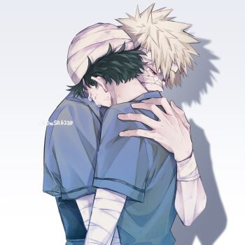 2boys arm_around_back bakugou_katsuki bandaged_arm bandaged_hand bandaged_wrist bandages blonde_hair blue_shirt boku_no_hero_academia bruise bruise_on_face commentary_request crying freckles green_hair hair_between_eyes half-closed_eyes highres hug injury male_focus midoriya_izuku multiple_boys red_eyes shirt short_hair short_sleeves spiked_hair t-shirt tears twitter_username umsr6210 upper_body yaoi