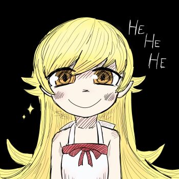 1girl apron arms_at_sides back_bow black_background blonde_hair bow bow_apron breasts commentary english_commentary english_text flipped_hair hair_between_eyes hair_flaps halterneck highres laughing light_blush long_hair monogatari_(series) oshino_shinobu pointy_ears red_bow ringed_eyes sidelocks simple_background small_breasts smile solo sparkle straight-on thesealmaker upper_body very_long_hair white_apron yellow_eyes