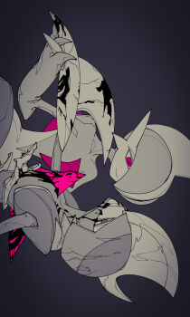 2others arm_blade armor battle_damage bisharp blood blood_from_mouth blood_on_face blood_splatter bloody_weapon broken broken_armor broken_weapon corpse cracked_armor cracked_skin death empty_eyes facing_another gallade gen_4_pokemon gen_5_pokemon grey_background grey_hair grey_helmet helmet highres holding_hands implied_murder injury looking_at_another lying mohawk multiple_others murder nintendo on_back outstretched_arm partially_colored pokemon pokemon_(creature) pokemon_focus red_eyes shoulder_pads smile spot_color two-tone_helmet umi-be-to vignetting weapon wide_hips