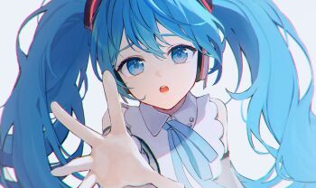 1girl blue_eyes blue_hair collared_shirt commentary_request detached_sleeves hair_between_eyes hair_ornament hatsune_miku hatsune_miku_(nt) highres long_hair long_sleeves looking_at_viewer official_alternate_costume open_mouth reaching reaching_towards_viewer shirt simple_background sleeveless sleeveless_shirt solo tananuki twintails very_long_hair vocaloid white_background white_shirt