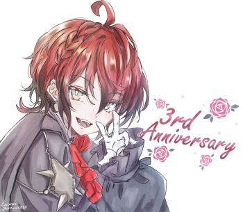 Rule 34 | absurdres, ahoge, ascot, braid, commentary, english commentary, flower, gloves, highres, holostars, holostars english, looking at viewer, machina x flayon, male focus, official alternate costume, open mouth, orcinus666, red ascot, red flower, red hair, red rose, rose, short hair, simple background, solo, upper body, v, white background, white gloves