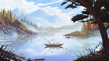 1girl ahoge animal_ears boat fishing_rod fox_ears fox_girl fubuzilla_(shirakami_fubuki) highres hololive hyde_(tabakko) lake long_hair mountain pixel_art shirakami_fubuki sukonbu_(shirakami_fubuki) virtual_youtuber watercraft white_hair