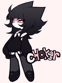 1other absurdres ash_kinoshita black_hair black_thighhighs blunt_bangs bright_pupils choker colored_sclera colored_skin cross deformed dreamalgia eyelashes fluffy_hair freckles hair_ears highres mary_janes original other_focus panty_&amp;_stocking_with_garterbelt panty_&amp;_stocking_with_garterbelt_(style) pastel_goth pink_eyes pink_sclera self-harm_scar shoes solo thick_eyebrows thighhighs white_pupils white_skin