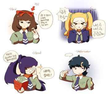 Rule 34 | > <, 4girls, black hair, blonde hair, book, bow, brown hair, character request, closed eyes, coke-bottle glasses, commentary request, english text, gesture request, glasses, hair bow, hands on own face, holding, holding book, korean commentary, korean text, long hair, long sleeves, looking at viewer, multiple girls, opaque glasses, open mouth, partially opaque glasses, persona, persona 1, ponytail, purple hair, red bow, round eyewear, sasibowol, school uniform, short hair, simple background, smile, st. hermelin school uniform, translation request, twintails, upper body, white background