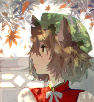 Rule 34 | absurdres, animal ears, autumn leaves, brown eyes, brown hair, cat ears, cat girl, chen, closed mouth, commentary request, expressionless, falling leaves, hat, highres, leaf, looking to the side, maple leaf, red vest, shi chimi, shirt, short hair, touhou, vest, white shirt