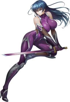 1girl aqua_eyes artist_request bare_shoulders blue_hair blush bodysuit breasts covered_navel curvy elbow_gloves female_focus fishnets full_body gloves highres holding holding_sword holding_weapon igawa_asagi impossible_bodysuit impossible_clothes katana large_breasts legs lilith-soft long_hair makeup official_art parted_lips purple_bodysuit shiny_clothes shiny_skin skin_tight sleeveless solo source_request sword taimanin_(series) taimanin_asagi taimanin_squad thighhighs thighs transparent_background weapon wide_hips