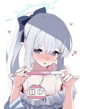 1girl :o blue_archive blush commentary_request dress embarrassed grey_dress halo heart highres holding holding_pregnancy_test implied_pregnancy long_hair long_sleeves looking_at_viewer miyako_(blue_archive) miyako_(swimsuit)_(blue_archive) ponytail pregnancy_test purple_eyes simple_background solo sweat swimsuit tirano_tenchou upper_body white_background white_hair