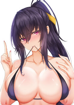 Rule 34 | 1girl, absurdres, bare shoulders, bikini, black bikini, black hair, breasts, clothes in mouth, collarbone, commentary, english commentary, high school dxd, highres, himejima akeno, large breasts, long hair, looking at viewer, ophis (scaith), ponytail, purple eyes, simple background, solo, swimsuit, upper body, white background