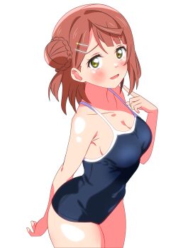 1girl absurdres blue_one-piece_swimsuit breasts brown_eyes cleavage competition_school_swimsuit green_eyes hair_bun hair_ornament hairclip highres looking_at_viewer love_live! love_live!_nijigasaki_high_school_idol_club medium_breasts medium_hair one-piece_swimsuit pointing pointing_at_self school_swimsuit shinonome_sakura simple_background single_side_bun solo swimsuit uehara_ayumu white_background