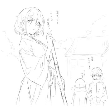 1boy 2girls blush breasts candy enpera food greyscale hair_between_eyes highres japanese_clothes kai_ayame kanadate_ruri kanade_(kanade_3344) large_breasts long_hair miko monochrome multiple_girls open_mouth original outdoors scarf short_hair translation_request yahazu_tobira