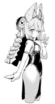 1girl ahoge alternate_costume alternate_height animal_ear_fluff animal_ears arm_strap bare_shoulders black_dress braid braided_twintails breasts china_dress chinese_clothes cropped_legs dress dumb_s1ayer from_side furry furry_female greyscale hashtag-only_commentary highres long_hair looking_at_viewer monochrome open_mouth rabbit_ears rabbit_girl screw short_eyebrows simple_background small_breasts solo thick_eyebrows v white_background zenless_zone_zero zhao_(zenless_zone_zero)