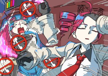 Rule 34 | > <, 2girls, afterimage, ahoge, alternate costume, black gloves, blue hair, breasts, closed eyes, collared shirt, commentary request, drill hair, fang, gloves, hair slicked back, hatsune miku, highres, jigen tsuushin (vocaloid), kasane teto, korean commentary, lab coat, large breasts, long hair, long sleeves, meme, motion blur, motion lines, multiple girls, naoya hitting choso without looking (meme), necktie, no symbol, oldowan, open mouth, red hair, red necktie, shirt, short hair, skin fang, speed lines, synthesizer v, traffic baton, twin drills, twintails, utau, vocaloid, white shirt