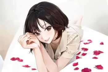 1girl brown_eyes brown_hair fukada_eimi modare open_mouth petals pink_lips real_life rose_petals shirt short_hair smile solo yellow_shirt