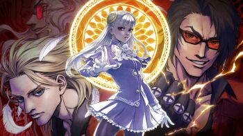 1girl 3boys absurdres avel_(capcom) blonde_hair blue_eyes bow bowtie brown_hair capcom_fighting_allstars clenched_hand d_d feathers game_asset gloves grin hairpods highres ingrid_(capcom) long_hair looking_at_viewer multiple_boys non-web_source official_art pantyhose parted_lips pleated_skirt red-tinted_eyewear red_eyes rook_(capcom) round_eyewear self-datamine skirt smile street_fighter street_fighter_6 sunglasses tinted_eyewear white_bow white_bowtie white_feathers white_gloves white_hair