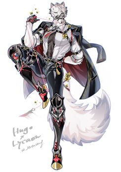 1boy animal_ears arm_behind_back arm_belt black_hair black_jacket black_pants body_fur chest_harness closed_eyes collared_shirt colored_tips cosplay covered_abs covered_pectorals crossdressing crossdressing_(ftm) crossdressing_(mtf) evelyn_chevalier evelyn_chevalier_(cosplay) eyepatch full_body furry furry_male gloves half_gloves hand_up harness high_heels highres jacket jacket_on_shoulders knee_up latex_pants long_tail male_focus mensang multicolored_hair muzzle_(mask) necktie one_eye_covered open_clothes open_shirt pants partially_fingerless_gloves pectorals prosthesis prosthetic_leg shirt shirt_tucked_in short_hair simple_background solo standing standing_on_one_leg string string_around_finger string_in_mouth tail tail_belt tight_clothes tight_pants toned toned_male two-tone_hair undershirt von_lycaon weapon white_background white_fur white_hair white_shirt wing_collar wolf_boy wolf_ears wolf_tail zenless_zone_zero