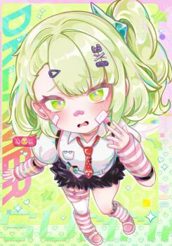 Rule 34 | 1girl, absurdres, aqua nails, arm warmers, bandaid, bandaid hair ornament, bandaid on face, bandaid on nose, black skirt, blush, fur-trimmed skirt, fur trim, green background, green eyes, green hair, hair ornament, hashtag-only commentary, heart, heart hair ornament, highres, koi wa itsumo, leg warmers, looking at viewer, multiple hair clips, multiple thigh straps, necktie, open mouth, pink arm warmers, pink bag, pink leg warmers, pink shoes, ponytail, red necktie, shirt, shoes, skirt, solo, striped arm warmers, striped leg warmers, sunna (zenless zone zero), thigh strap, white shirt, white wings, winged bag, wings, zenless zone zero