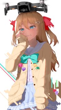 1girl absurdres blue_eyes blue_sailor_collar blue_skirt brown_hair cardigan commentary cowboy_shot crying crying_with_eyes_open dress_shirt drone from_side glitch hair_between_eyes hair_ornament hair_ribbon heart heart_hair_ornament highres long_hair long_sleeves neuro-sama pleated_skirt red_ribbon ribbon sailor_collar shirt shirt_tucked_in signature skirt solo swarm_drone_(neuro-sama) tears two_side_up user_etxs8738 vedal_ai virtual_youtuber yellow_cardigan