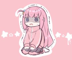 Rule 34 | 1girl, @ @, blue eyes, bocchi the rock!, commentary request, crying, cube hair ornament, deformed, gotoh hitori, hair ornament, hands on own knees, highres, jacket, long hair, long sleeves, one side up, open mouth, pants, pink background, pink hair, pink jacket, pink pants, sasanishiki (3324ki), seiza, shaded face, sidelocks, simple background, sitting, skirt, solo, star (symbol), sweat, track jacket, track pants, trembling
