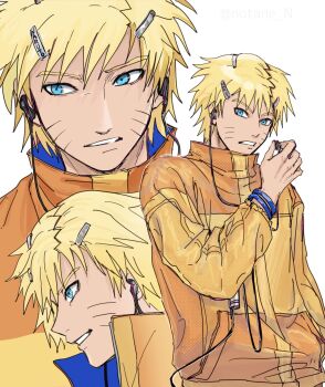 1boy alternate_hairstyle blonde_hair blue_eyes bracelet commentary earphones facial_mark hair_ornament hairclip highres jewelry male_focus naruto_(series) naruto_shippuuden notane_n orange_hair smile twitter_username uzumaki_naruto whisker_markings