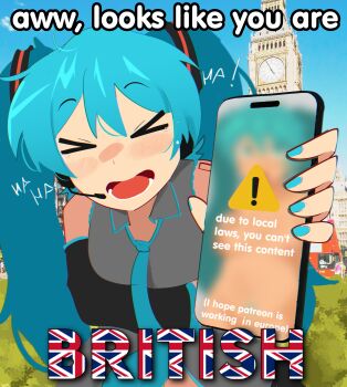 >_< 1girl abstractpurple absurdres aqua_hair aqua_nails aqua_necktie black_sleeves blur_censor cellphone censored detached_sleeves due_to_local_laws elizabeth_tower english_text grey_shirt hand_on_own_stomach hatsune_miku hatsune_miku_does_not_talk_to_british_people_(meme) headphones headset highres holding holding_phone laughing london long_hair necktie open_mouth outdoors phone photo_background shirt smartphone solo tearing_up twintails twitter very_long_hair vocaloid
