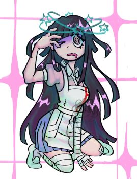 Rule 34 | > @, 1girl, apron, bandage on leg, bandaged arm, bandaged hand, bandaged leg, bandages, blue skirt, blunt bangs, breasts, collared shirt, commentary, danganronpa (series), danganronpa 2: goodbye despair, drooling, english commentary, eyelashes, full body, fuuuufufu, hand on own head, highres, kneeling, long hair, mole, mole under eye, mouth drool, one eye closed, open mouth, pink shirt, purple eyes, purple hair, seeing stars, shirt, shoes, short sleeves, skirt, solo, star (symbol), tsumiki mikan, white apron, white shoes