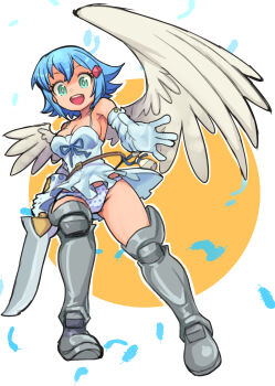 1girl absurdres angel_of_light_nanael angel_wings aqua_eyes armored_boots asymmetrical_wings blue_hair boots commentary_request feathered_wings feathers gloves hair_between_eyes highres looking_at_viewer nanael_(queen's_blade) okera open_hand panties pantyshot polka_dot polka_dot_panties queen's_blade redrawn short_hair solo sword teeth underwear upper_teeth_only weapon white_background white_gloves wings