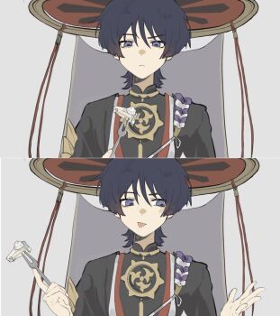 1boy black_bodysuit black_hair black_kimono black_sleeves blunt_ends bodysuit cake cake_slice closed_mouth fingernails food fork genshin_impact gold gold_trim grey_background grey_veil hands_up hat highres holding holding_fork index_finger_raised japanese_clothes jewelry jingasa juban kimono looking_at_food looking_to_the_side male_focus mandarin_collar mitsudomoe_(shape) neck_ring open_clothes open_hand open_kimono purple_eyes purple_rope raised_eyebrow red_hat red_kimono rope scaramouche_(genshin_impact) sequential shimenawa shimianaya single_sode solo split_screen tomoe_(symbol) tongue tongue_out tsurime tuning_fork veil white_kimono white_rope wispy_bangs